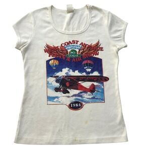 VTG 1984 Wes Coast Fly In T Shirt 80s Cap Sleeve Baby Tee Thrashed Biplane Retro